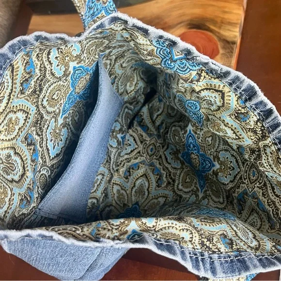 Upcycled Denim & fabric tote bag handmade Blue Metallic Symphony Medallion print - Picture 4 of 7